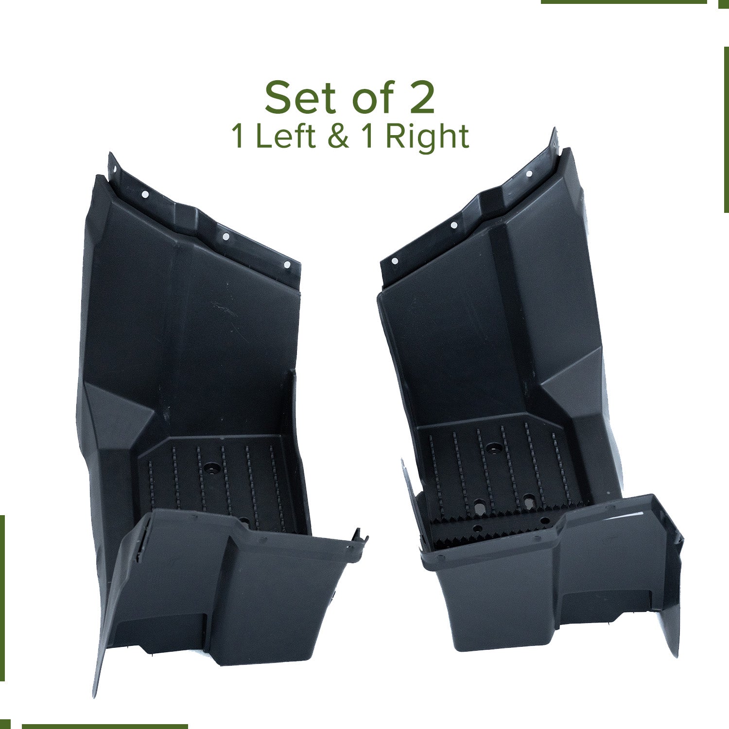 Foot Platforms for the Coleman AT200-B ATV: A pair of black plastic foot platforms, featuring pre-drilled mounting holes and a toothed central portion for grip, designed for both left and right sides.