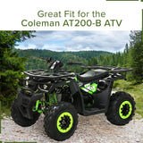 Foot Platforms for the Coleman AT200-B ATV, featuring durable black plastic with pre-drilled mounting holes and toothed central portions for grip, shown installed on a black and green ATV in a rocky area.