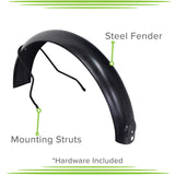 Rear Fender for the Razor EcoSmart SUP Electric Scooter, featuring a semi-gloss black finish with green accents, including mounting struts and hardware for easy attachment.