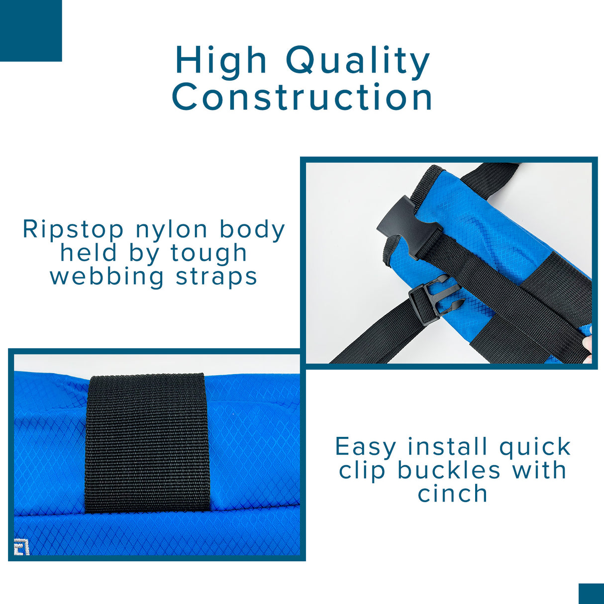 Universal Cane Holder for Mobility Scooters & Power Chairs featuring a close-up of a black strap with a blue and white stripe, and a blue bag with a black band and visible logo.