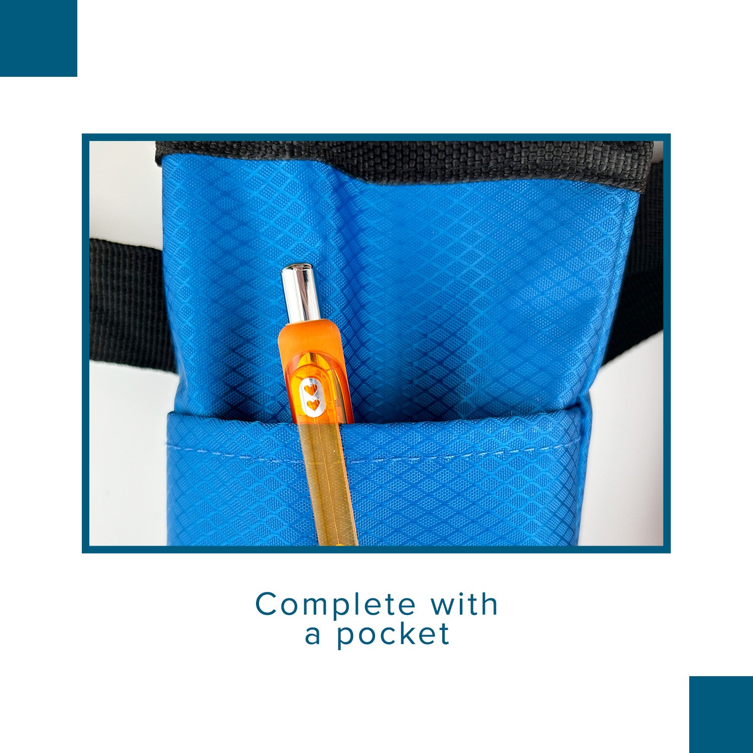 Universal Cane Holder for Mobility Scooters & Power Chairs shown with a blue bag containing a pencil, featuring a pen in an outer pocket and a close-up of its ripstop fabric pouch.