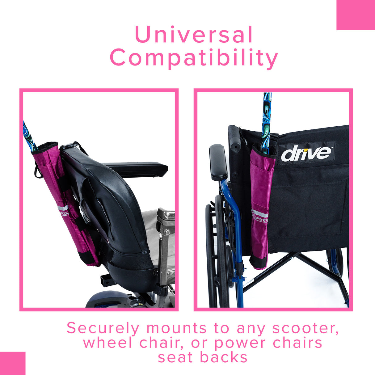 Universal Cane Holder for Mobility Scooters & Power Chairs: a pink bag securely attached to a wheelchair's backrest, designed to hold canes up to 2-3/4 in diameter.