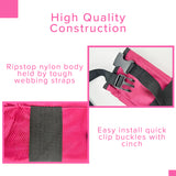 Close-up of the Universal Cane Holder for Mobility Scooters & Power Chairs, featuring a black buckle and a pink ripstop fabric pouch with an adjustable nylon strap.