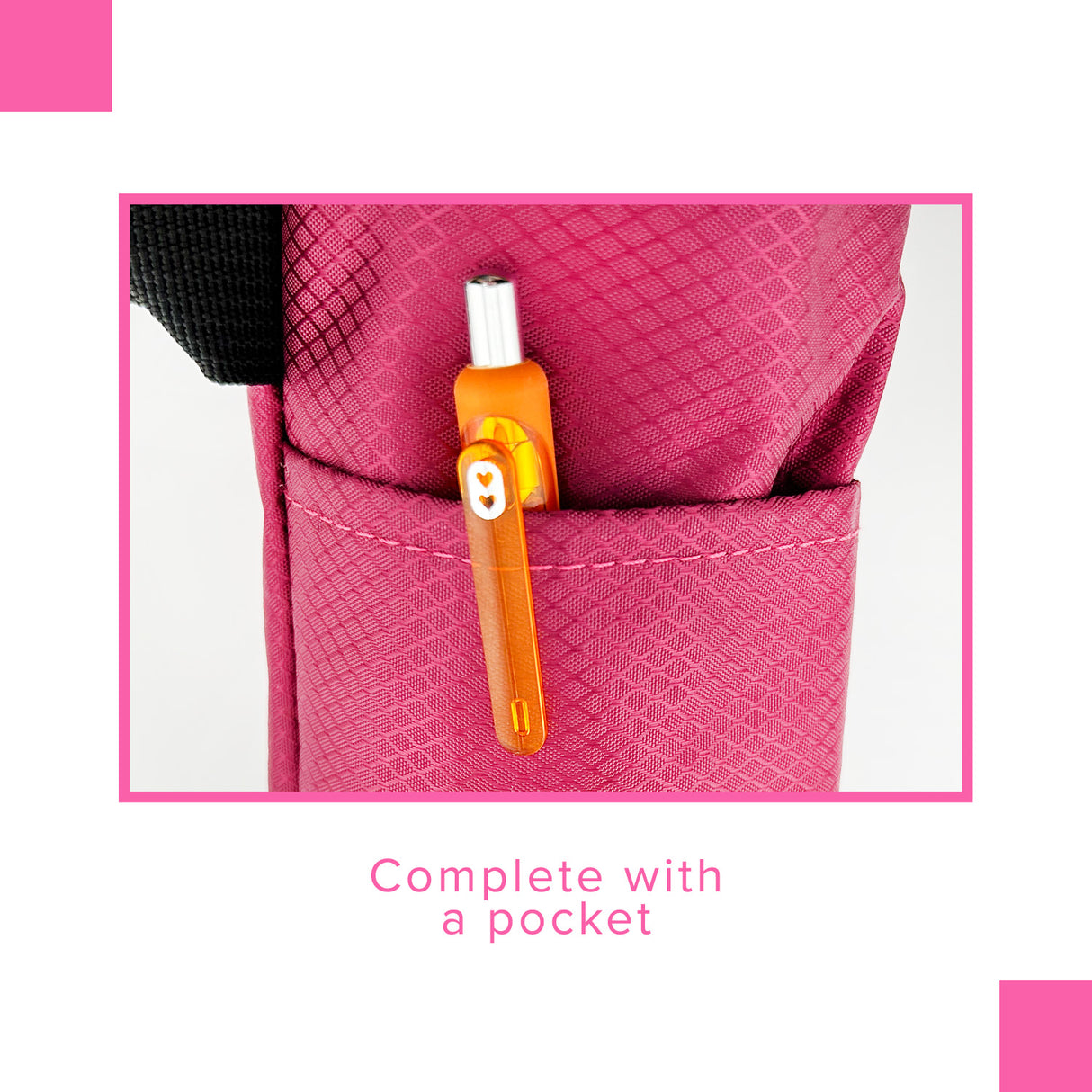 Universal Cane Holder for Mobility Scooters & Power Chairs, shown as a pink bag with a pen in it. The close-up highlights the ripstop fabric pouch and its secure, adjustable nylon strap.