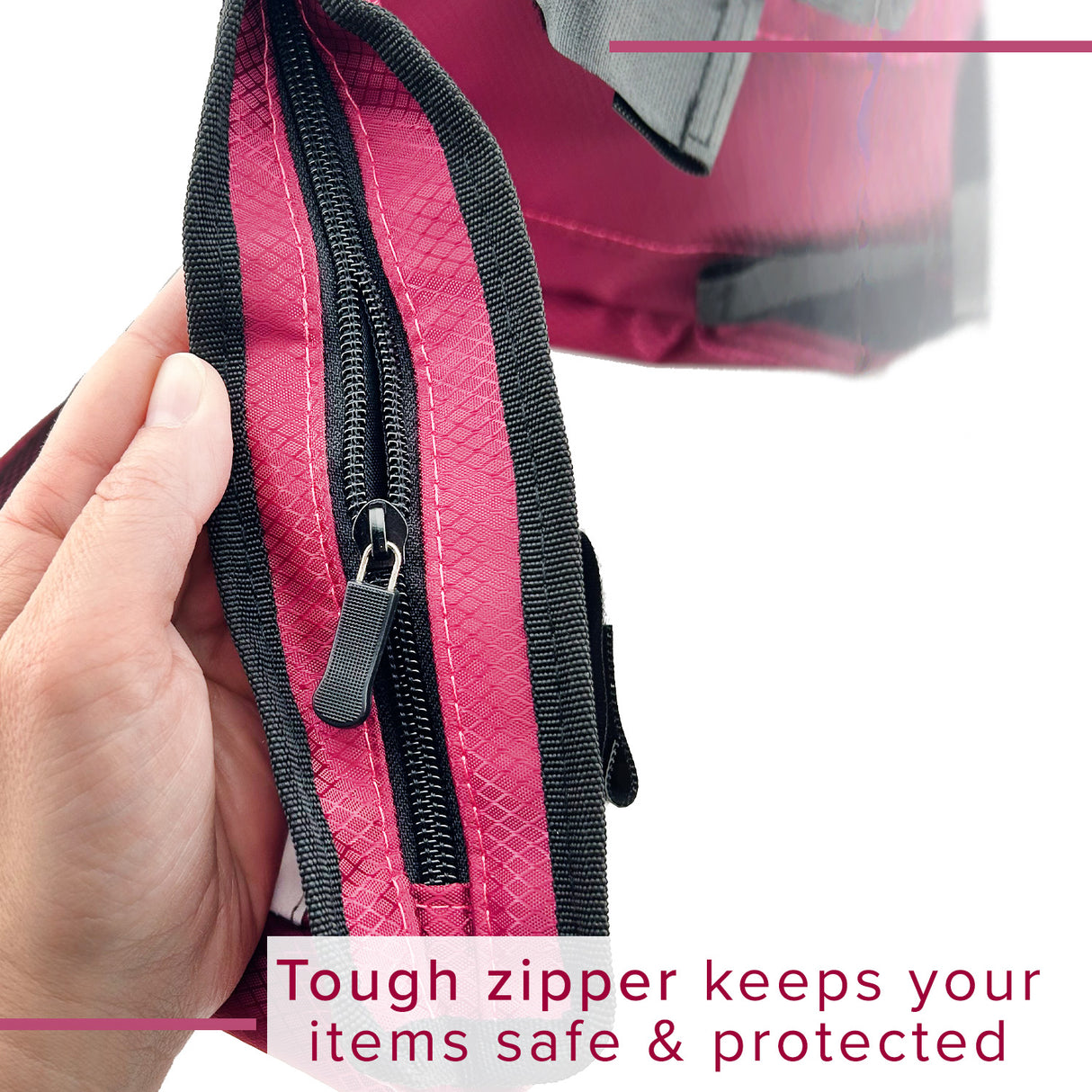 Deluxe Universal Walker/Rollator Bag: Close-up of a hand holding a zipper on the high-quality, water-resistant nylon bag, showcasing multiple pockets for convenient storage on walkers or rollators.