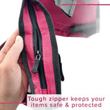 Deluxe Universal Walker/Rollator Bag: Close-up of a hand holding a zipper on the high-quality, water-resistant nylon bag, showcasing multiple pockets for convenient storage on walkers or rollators.