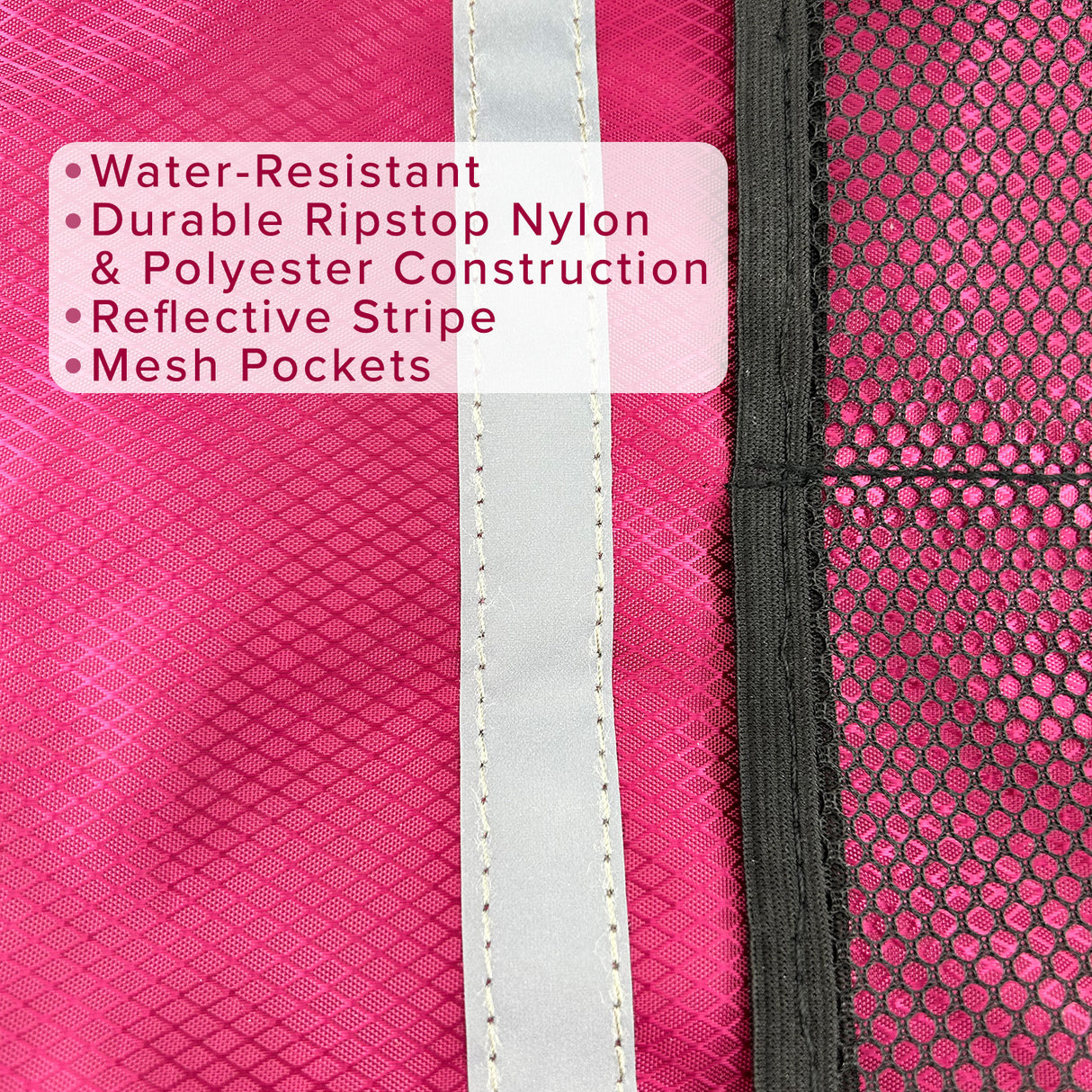 Close-up of the Deluxe Universal Walker/Rollator Bag, featuring a pink fabric with a black zipper, mesh pockets, and stitched edges, designed for convenient attachment to mobility aids.