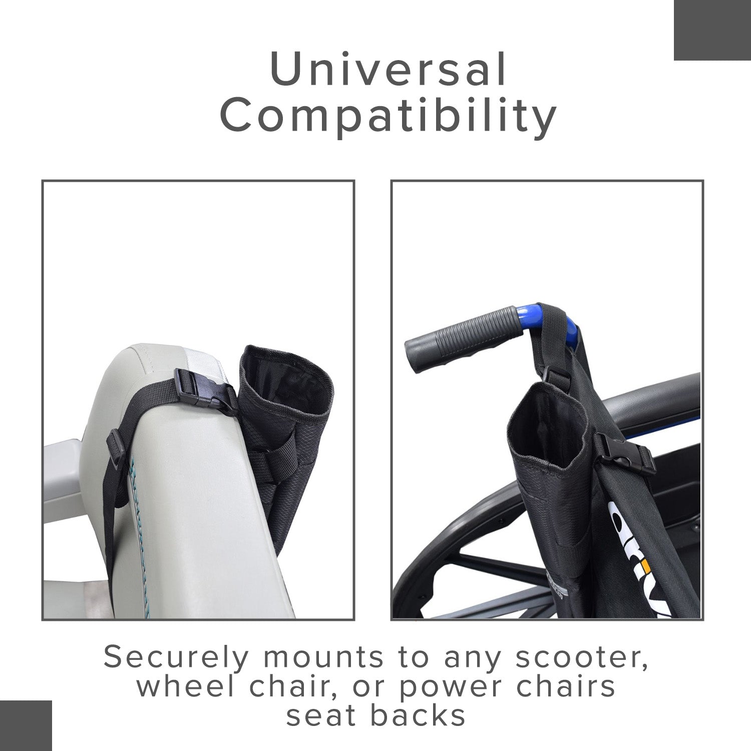 Close-up of the AlveyTech Universal Cane Holder for Mobility Scooters & Power Chairs, featuring an adjustable strap and ripstop fabric pouch for securely carrying canes up to 2-3/4 in diameter.