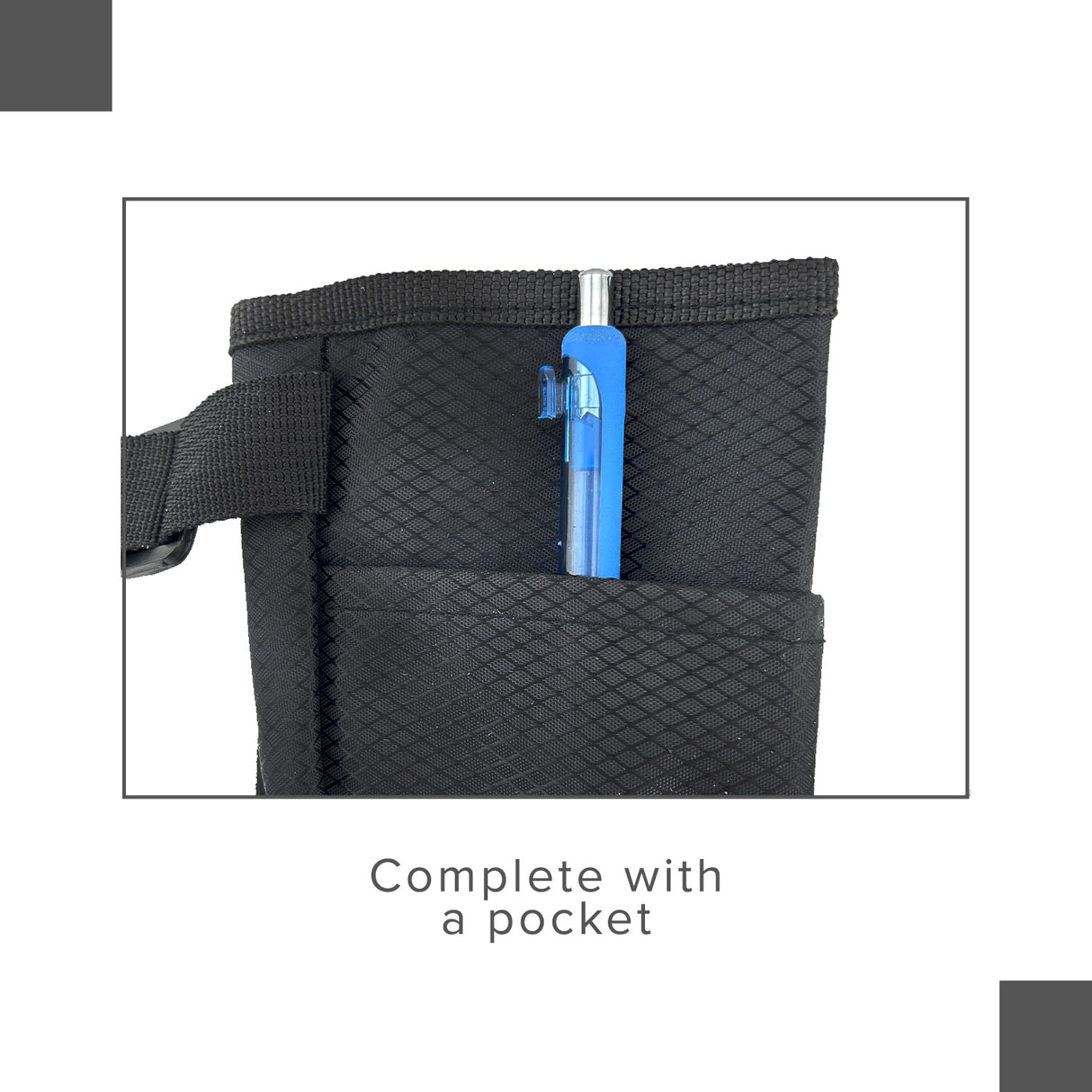 Universal Cane Holder for Mobility Scooters & Power Chairs: A pen in a black fabric pouch attached to the backrest with an adjustable strap, ideal for carrying canes up to 2-3/4 diameter.