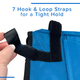 Hand holding the Deluxe Universal Walker/Rollator Bag's black strap, showcasing its Easy-Install Hook & Loop fasteners for secure attachment to walkers or rollators.