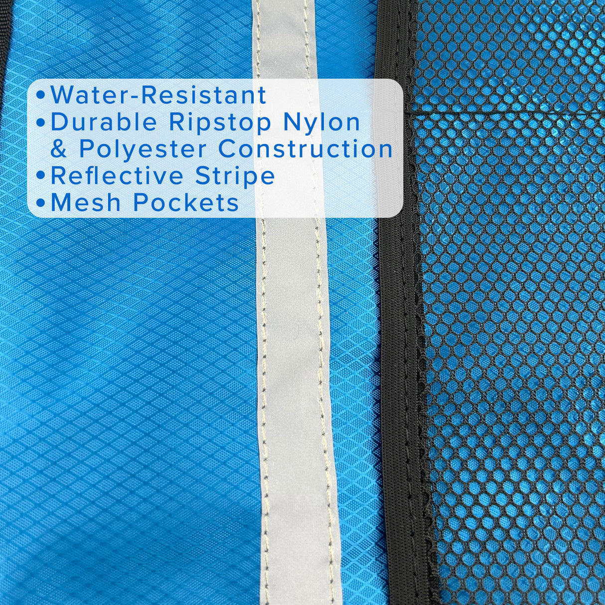 Close-up of the Deluxe Universal Walker/Rollator Bag showing its high-quality, water-resistant nylon fabric and multiple mesh pockets for convenient storage, designed for easy attachment to mobility aids.