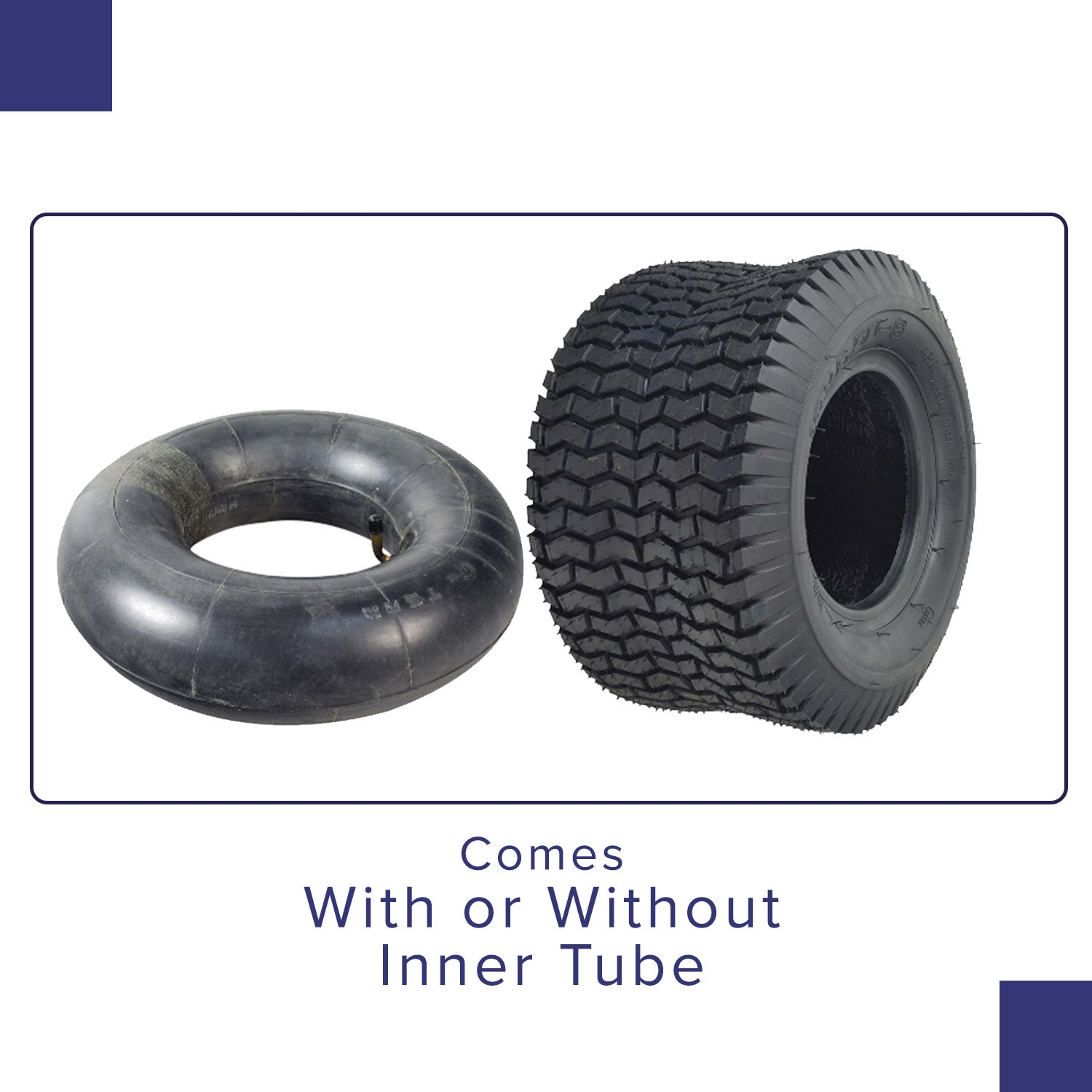 13x6.50-6 Tire for Murray Go-Karts displayed with an optional inner tube featuring a 90-degree angled valve stem, suitable for dune buggies, ATVs, and karts, shown in pairs.