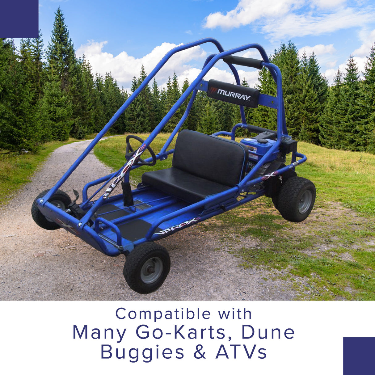 13x6.50-6 Tire for Murray Go-Karts shown on a blue go-kart with visible tread pattern, ideal for dune buggies and ATVs, displayed on a dirt road.