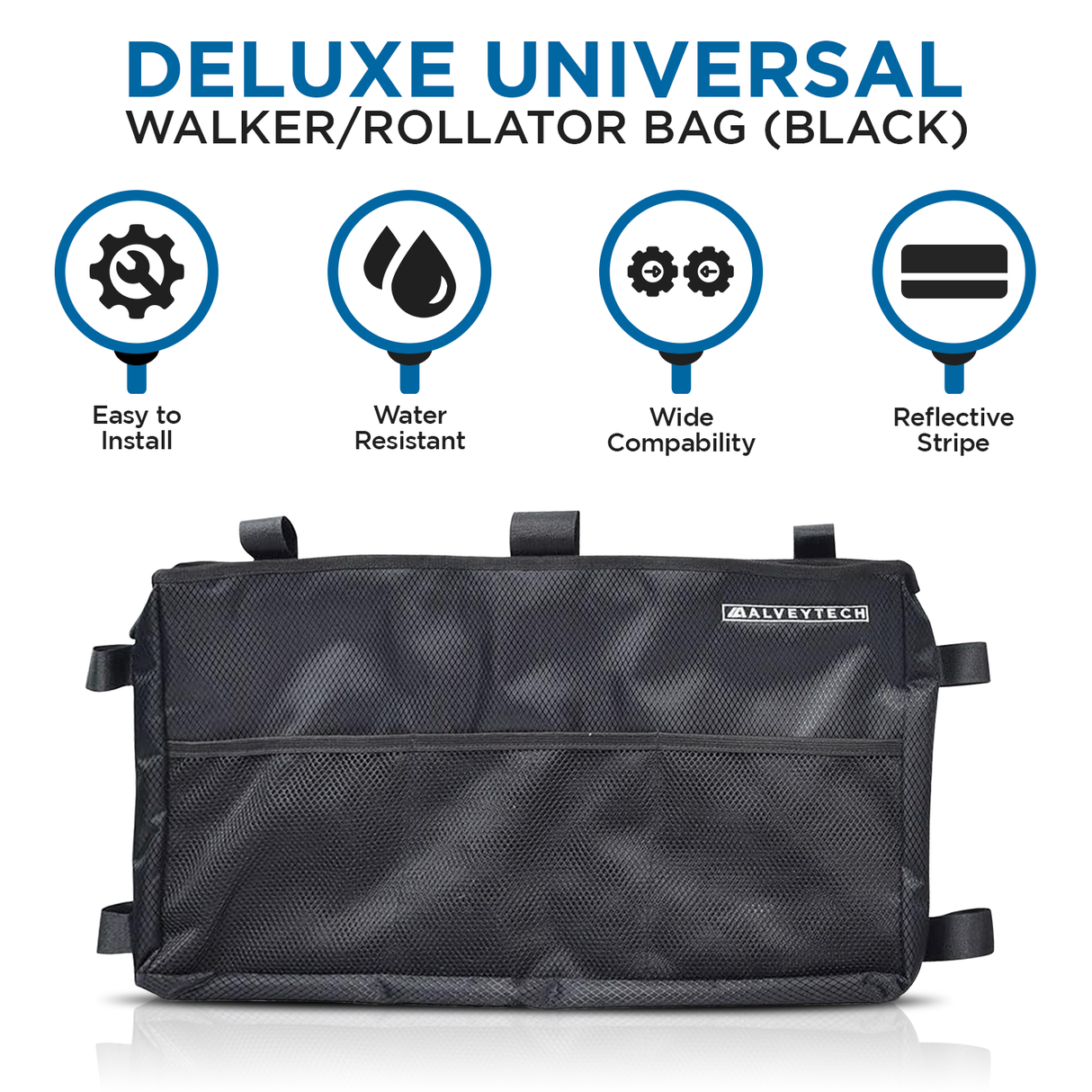 Deluxe Universal Walker/Rollator Bag with multiple straps and pockets, featuring easy-install hook & loop fasteners and water-resistant nylon, designed for convenient storage of personal items on walkers or rollators.