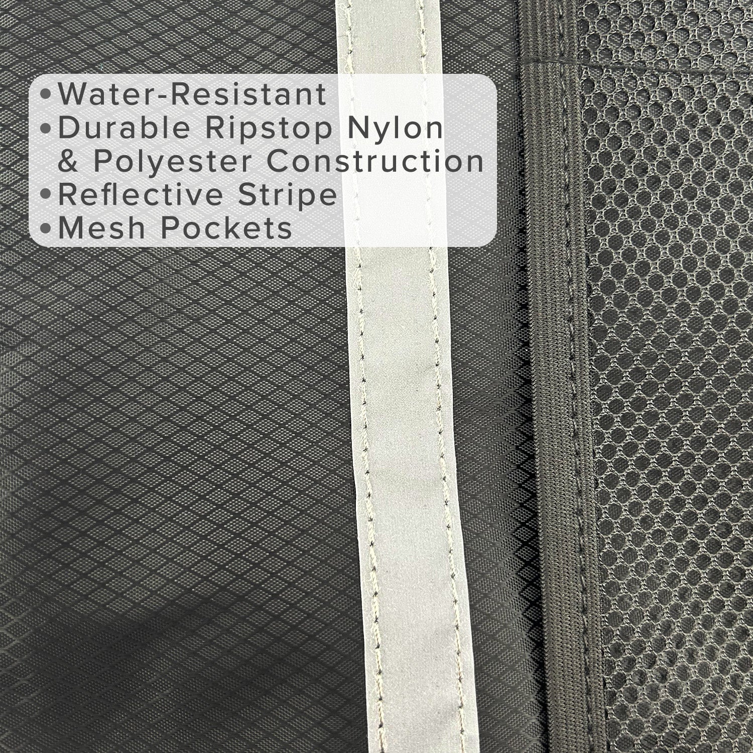 Deluxe Universal Walker/Rollator Bag in black nylon, featuring multiple pockets including mesh and internal pouches, shown in a close-up view highlighting its durable fabric and stitching.