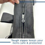 Hand holding a zipper on the Deluxe Walker/Rollator Bag & Cup Holder Combination, showcasing the durable, easy-install fastener and high-quality construction.