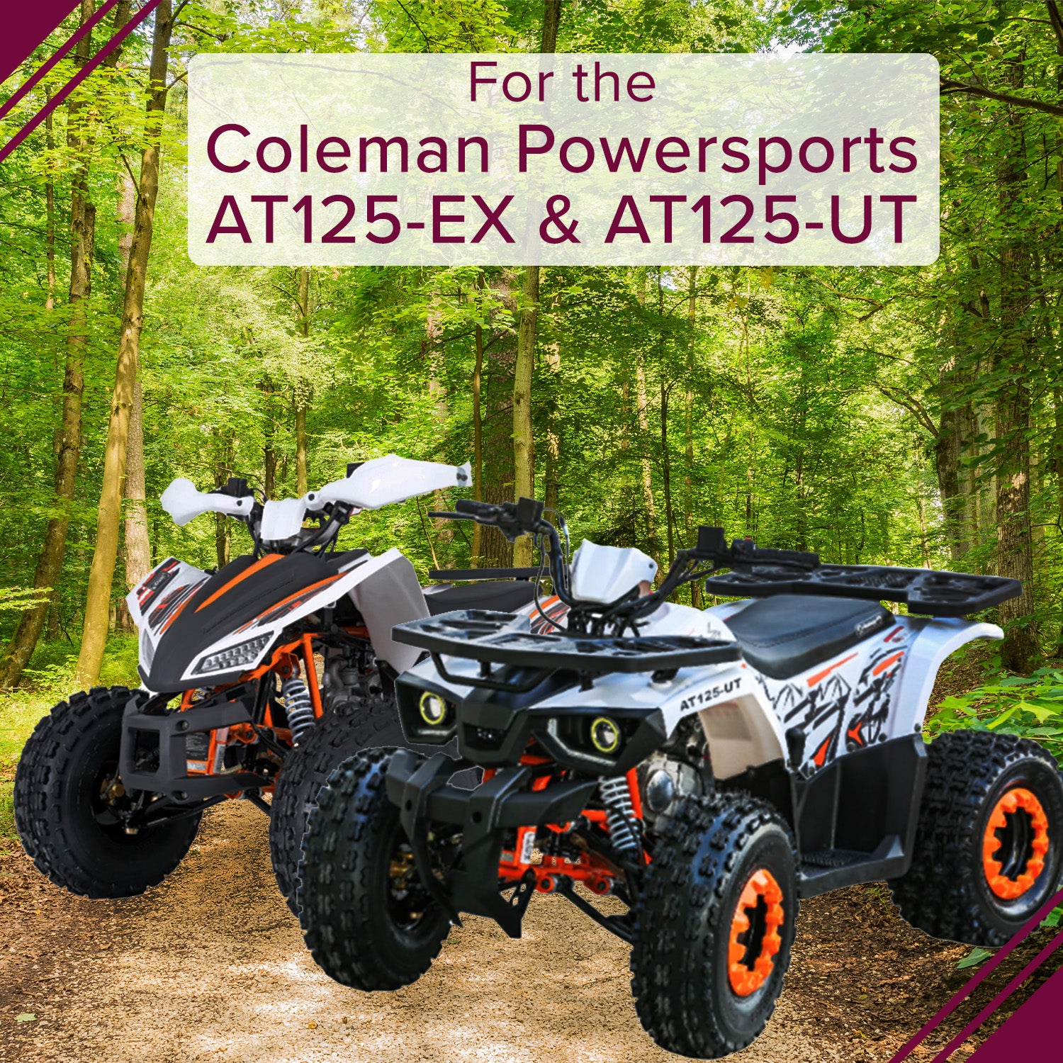 19x7-8 Front Tire for Coleman AT125-EX & AT125-UT ATVs, shown on a rugged dirt road, features a knobby tread for traction on soft, wet terrain, mounted on a 9 rim.