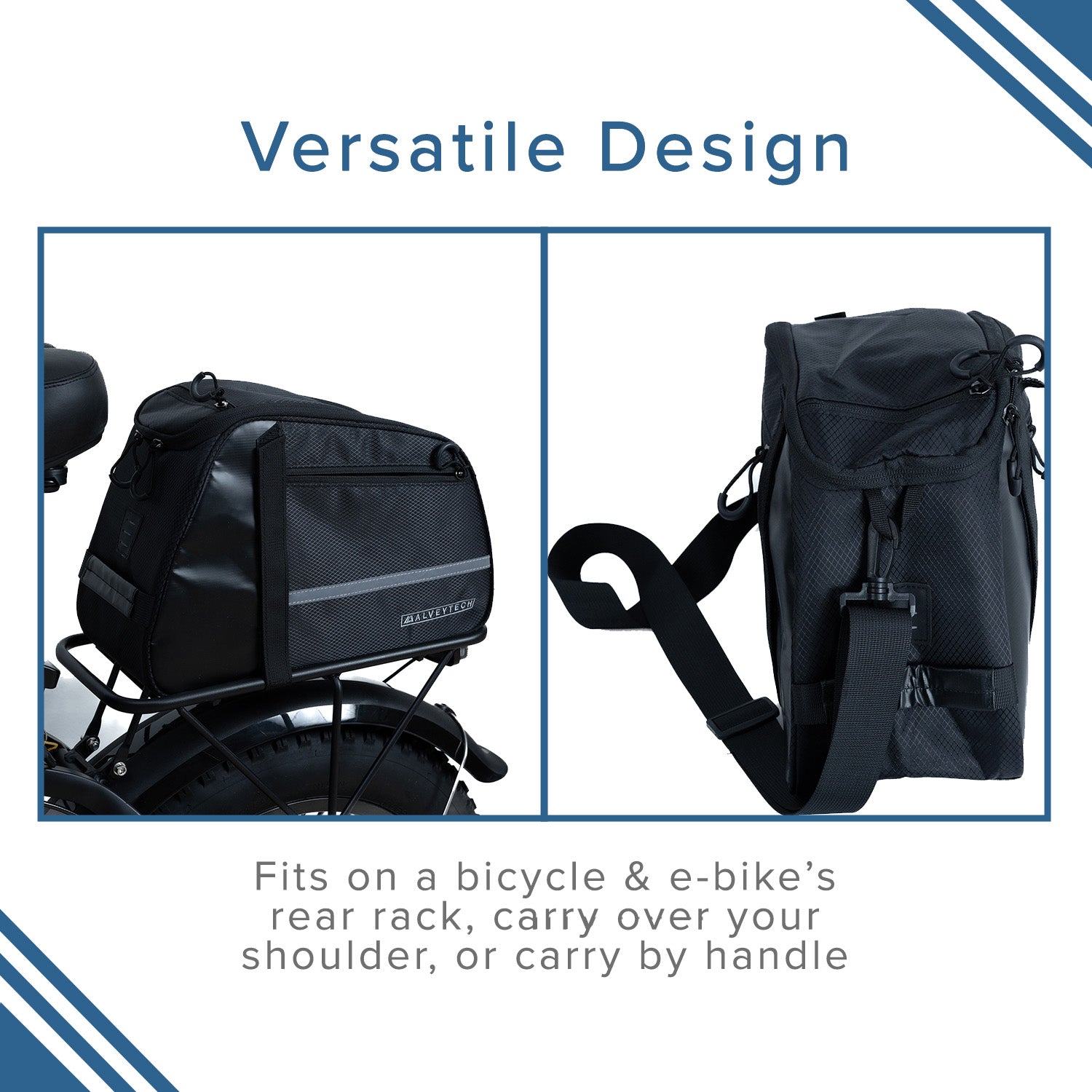 XL Rack Bag for Bicycles & E-Bikes secured to a bike's rear cargo rack, showcasing its large size and zippered main compartment, made from water-resistant material with additional side pockets.