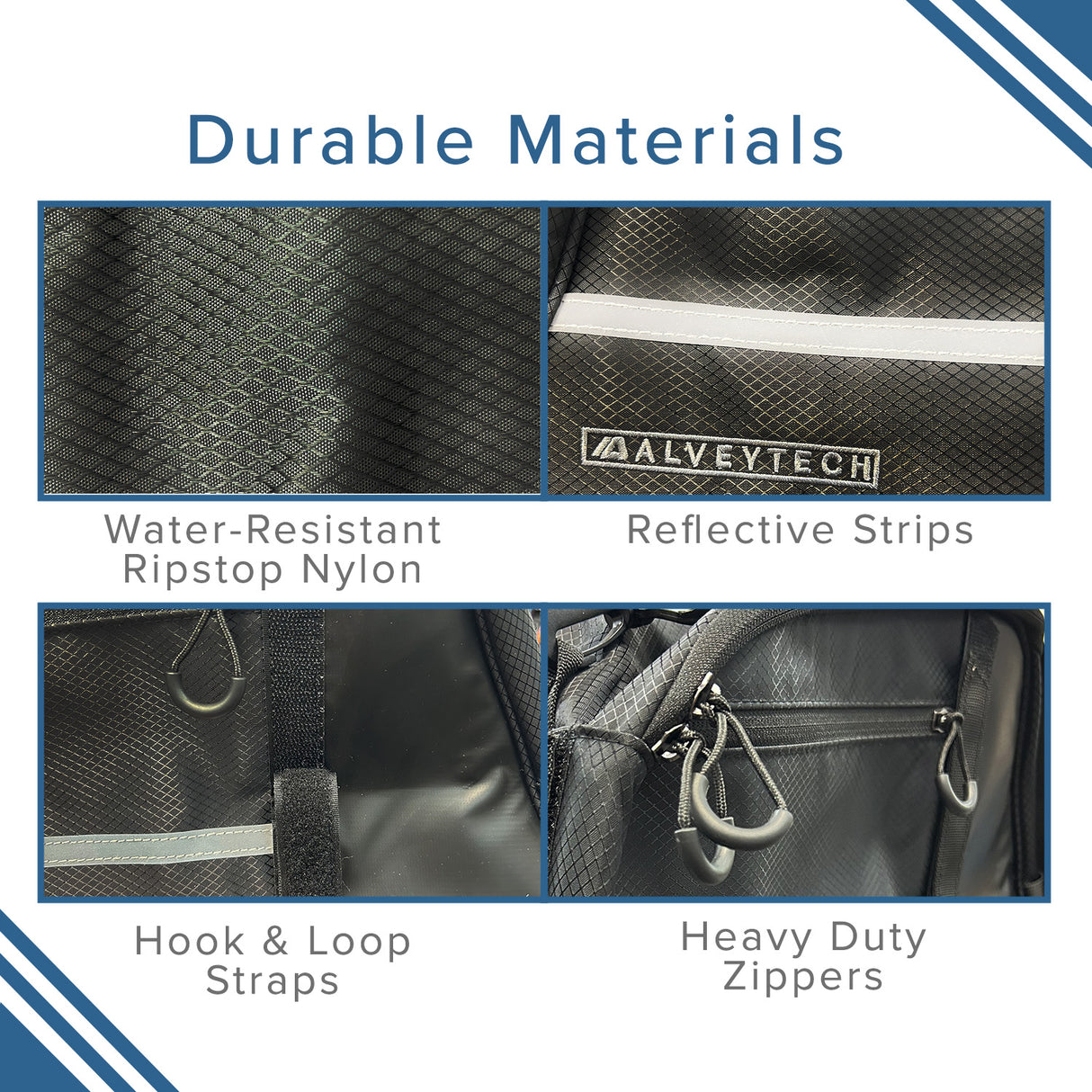 XL Rack Bag for Bicycles & E-Bikes, close-up of its zippered main compartment and logo, highlighting durable water-resistant 420D ripstop polyester construction and spacious storage pockets.