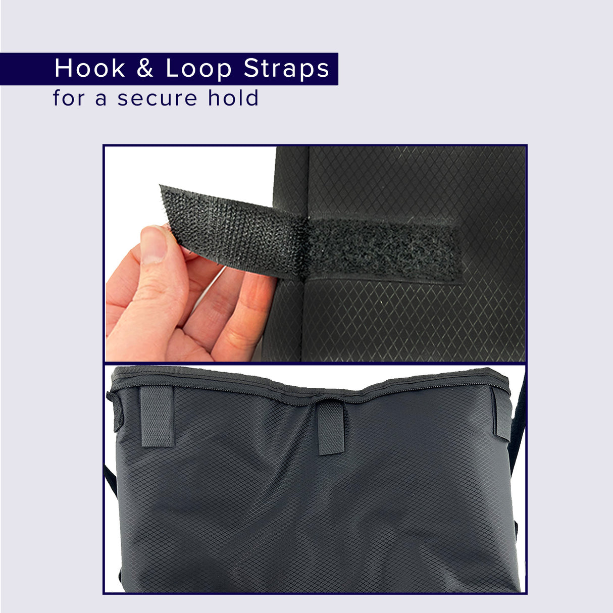 Insulated Basket Bag for Bicycles, E-Bikes, & Scooters: close-up of a black bag with a zippered lid and a hand holding its Velcro strap, showcasing its high-quality ripstop polyester fabric.