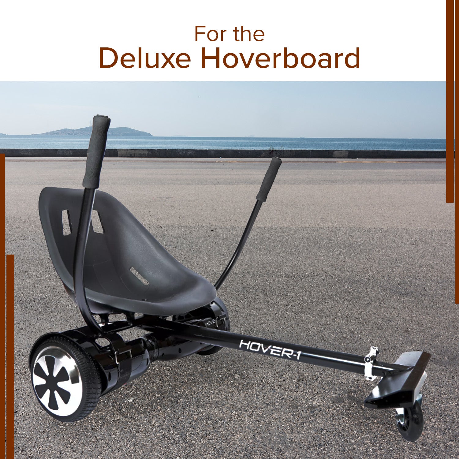 Seat for the Deluxe Hoverboard Go-Kart Kit placed on a road, showcasing its high-quality plastic build and ergonomic design.