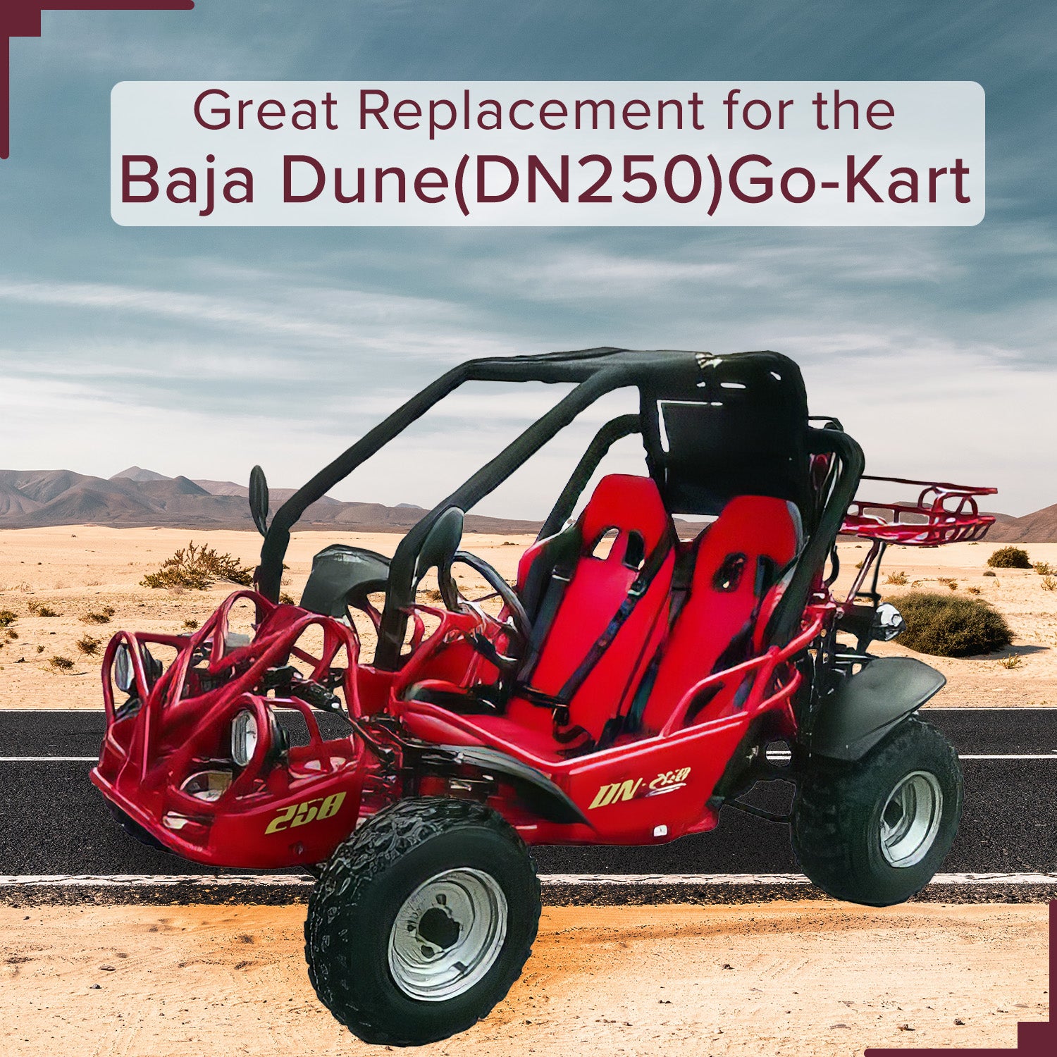 Left & Right Passenger Seat for the Baja Dune (DN250) Go-Kart shown in red and black upholstery, featuring dual separate seats combined, visible back vents, and positioned on the dirt road.