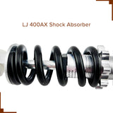 Shock Absorber for the Razor Dirt Quad - a black and silver shock absorber with a visible coil and metal handle, featuring close-ups of its components and a logo.