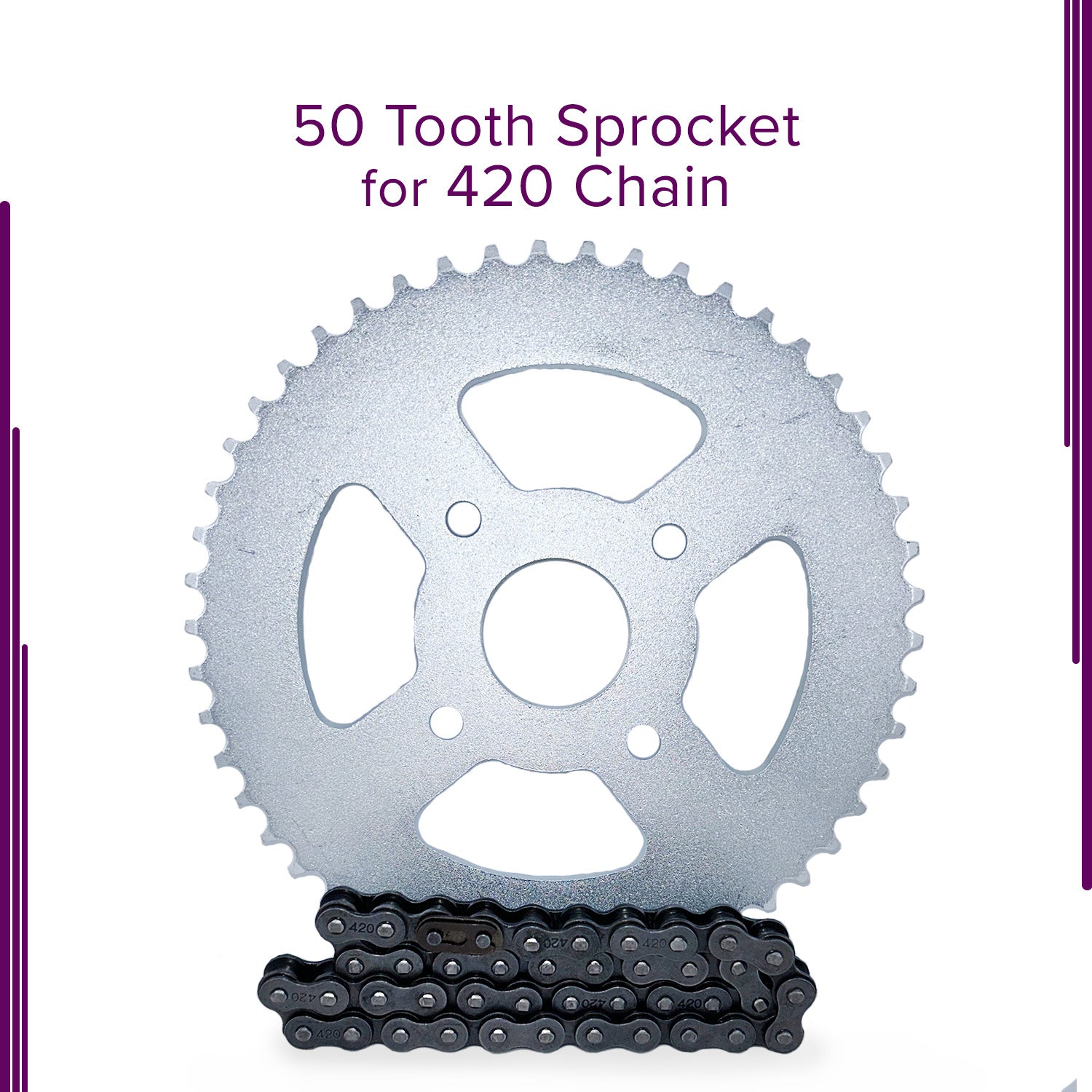 420 Chain 50 Tooth Rear Sprocket for the Baja MB165 & MB200 Mini Bike, showing a close-up of the silver gear and chain with a central hole and intricate teeth design.