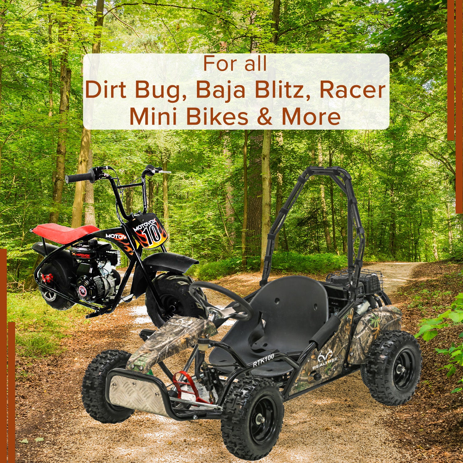 97cc Carburetor with 19 mm Intake for Baja Blitz, Dirt Bug, Doodle Bug, & Racer Mini Bikes; pictured in a forest with notable tire and seat details.