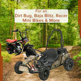 97cc Carburetor with 19 mm Intake for Baja Blitz, Dirt Bug, Doodle Bug, & Racer Mini Bikes; pictured in a forest with notable tire and seat details.