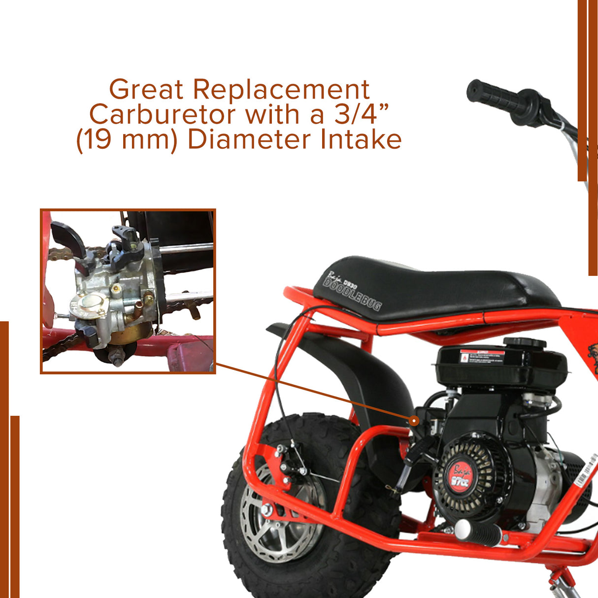 97cc Carburetor with 19 mm Intake for Baja Blitz, Dirt Bug, Doodle Bug, & Racer Mini Bikes, featuring a manual choke and fuel shut-off valve, shown close-up with visible intake and components.