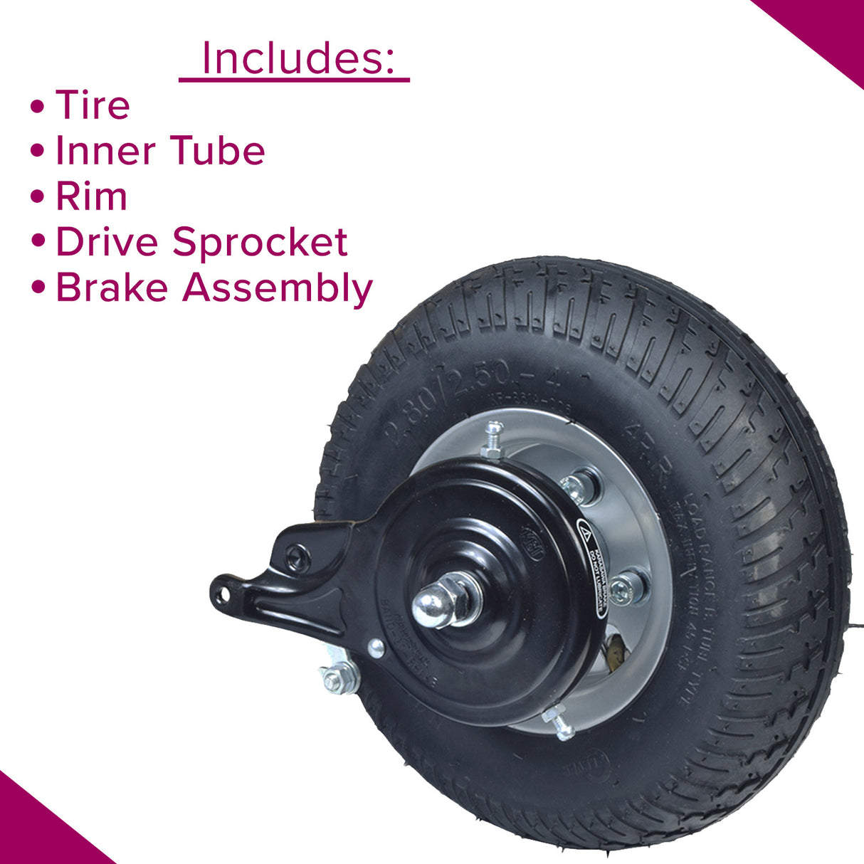 Rear Wheel Assembly for the Razor E300 (Versions 41+), featuring a 2.80/2.50-4 tire, inner tube, rim, drive sprocket, and brake assembly.