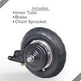 200x50 Rear Wheel Assembly for Chain Drive Razor E200 (Versions 36+), showcasing a black tire, metal rim, inner tube, bearings, drum brake, and chain sprocket.