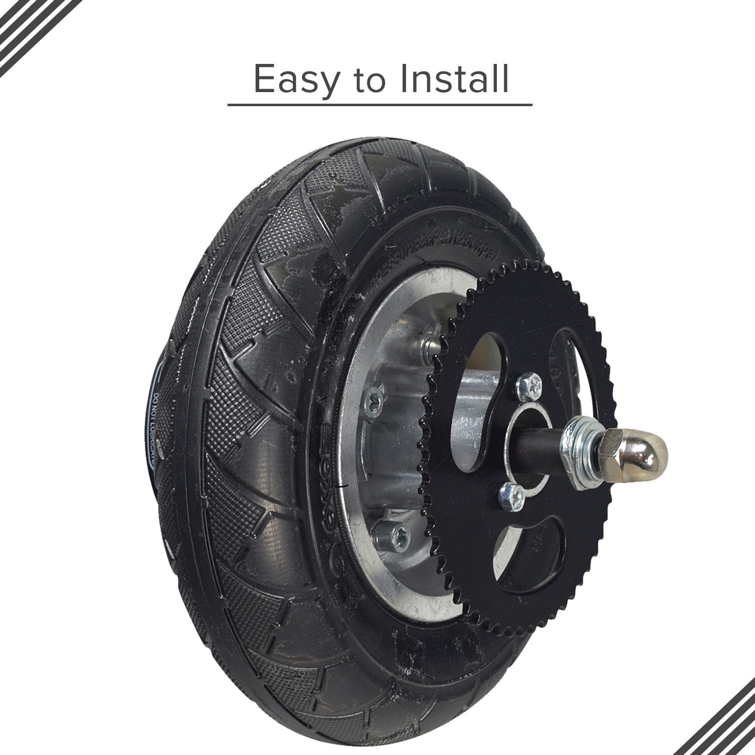 200x50 Rear Wheel Assembly for Chain Drive Razor E200 (Versions 36+), featuring a black tire, metal rim, drum brake assembly, chain sprocket, and bearings, all parts included for installation.