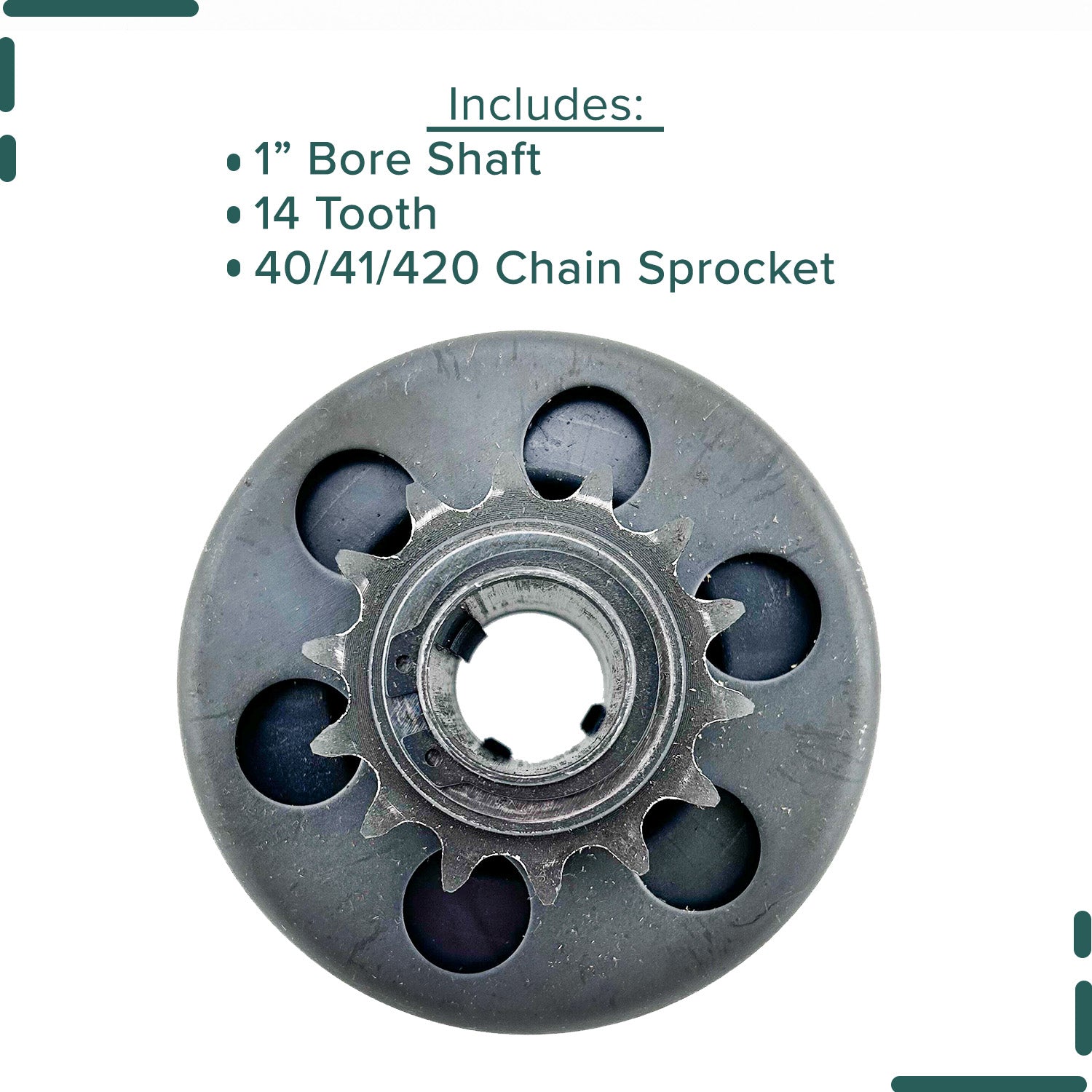 Clutch Assembly with 1 Shaft and 14 Tooth 40/41/420 Chain Sprocket for Go-Karts & Mini Bikes, featuring a close-up of the metal gear with a central hole and sprocket teeth.