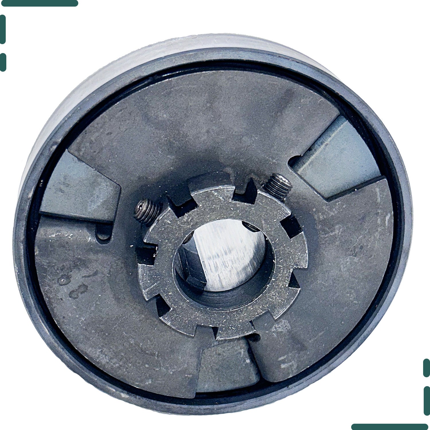 Clutch Assembly with 1 Shaft and 14 Tooth 40/41/420 Chain Sprocket for Go-Karts & Mini Bikes: a circular metal object with a hole in the middle, detailed gear teeth visible.