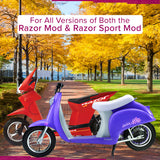 Chain Tensioner for the Razor Pocket Mod and Sport Mod displayed on a scooter, showcasing its fit and compatibility on a brick path with trees in the background.