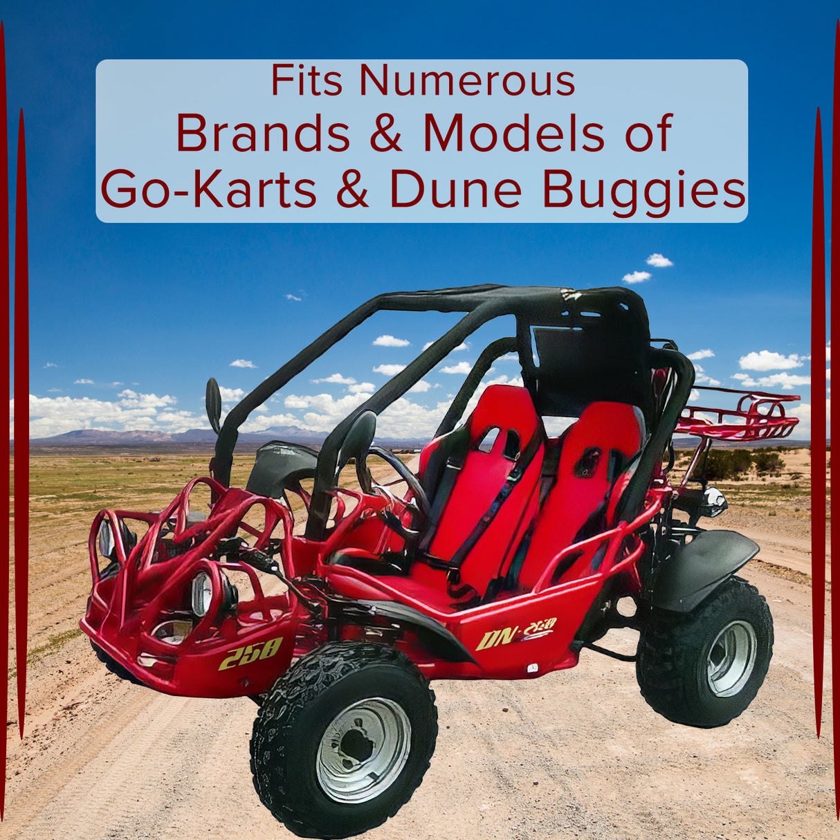 73 Throttle Cable for 150cc - 250cc Go-Karts & Dune Buggies shown connected to a red buggy on a dirt road, highlighting vehicle compatibility for various go-kart and dune buggy models.