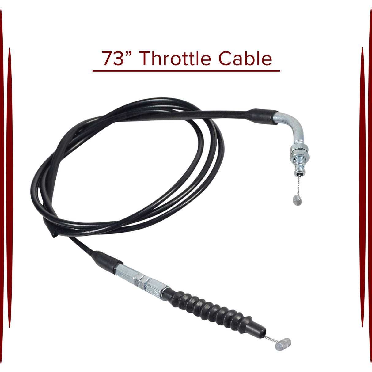 73 Throttle Cable for 150cc - 250cc Go-Karts & Dune Buggies, featuring a metal handle and hook on a black cable, shown in close-up detail.