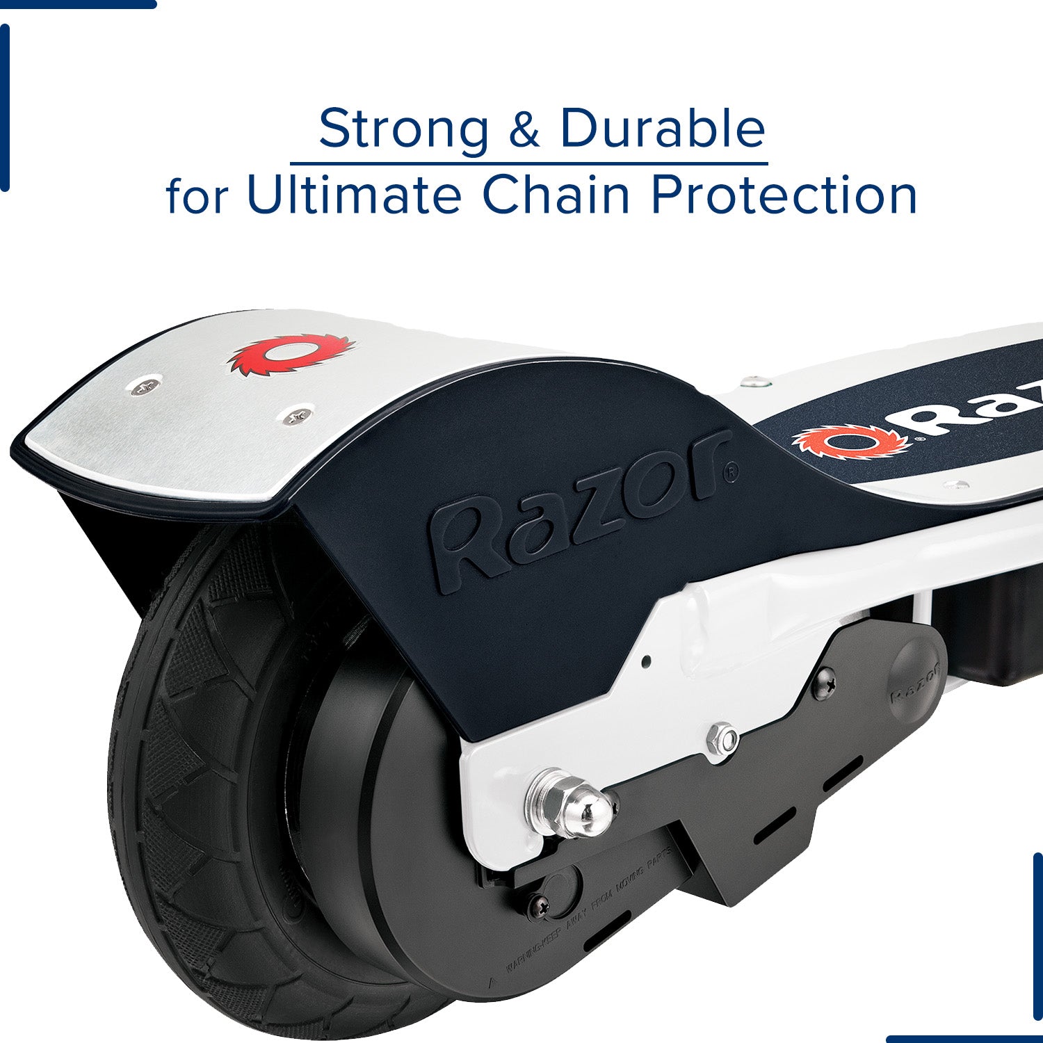 Chain Guard with Screws for the Razor E200 & E275 (Version 36+), featuring a close-up of the black and white logo on a wheel with a red circle, and mounting screws included.