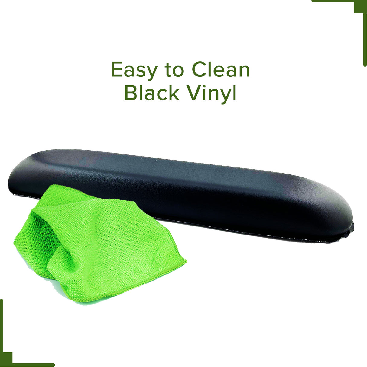 Black Vinyl Co-Molded Armrest Pad for Pride Scooters featuring a square end and a rounded end, shown with a green cloth on a black surface for visual contrast.