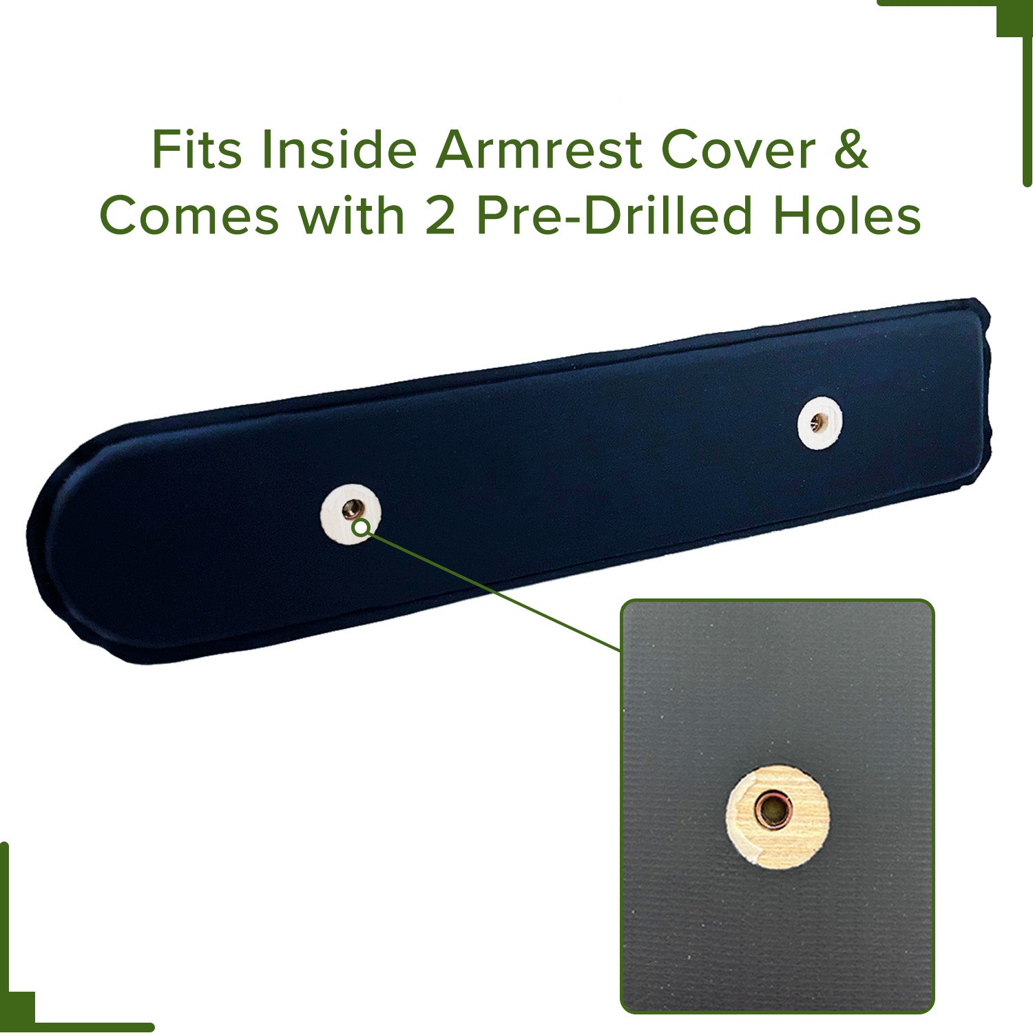 Black Vinyl Co-Molded Armrest Pad for Pride Scooters, featuring a square end and a rounded end, fitted into a black plastic cover with white and silver screws.