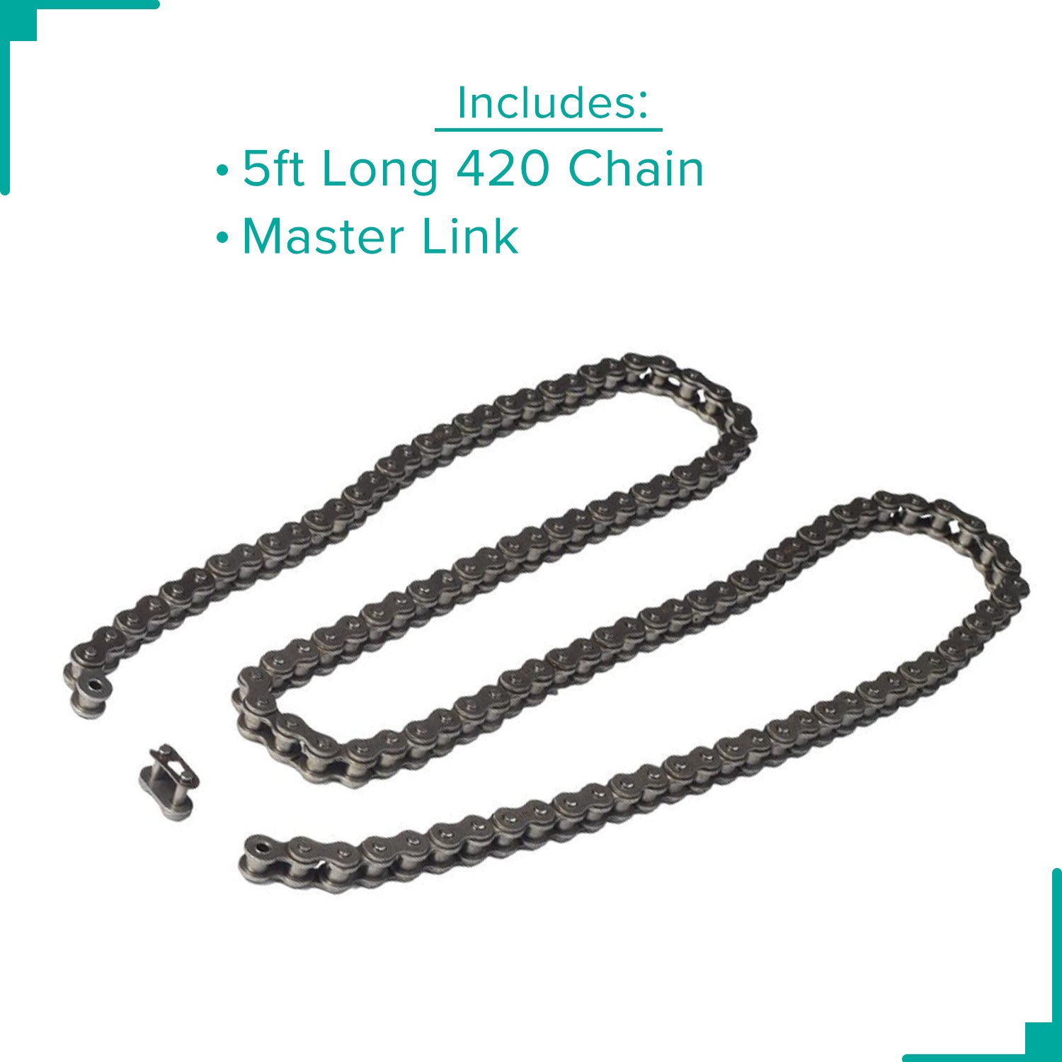 420 Open Loop Chain for ATVs, Dirt Bikes, Go-Karts, & Mini Bikes - 5 ft. with Master Link; a sturdy chain with a master link visible, ideal for various small engine vehicles.