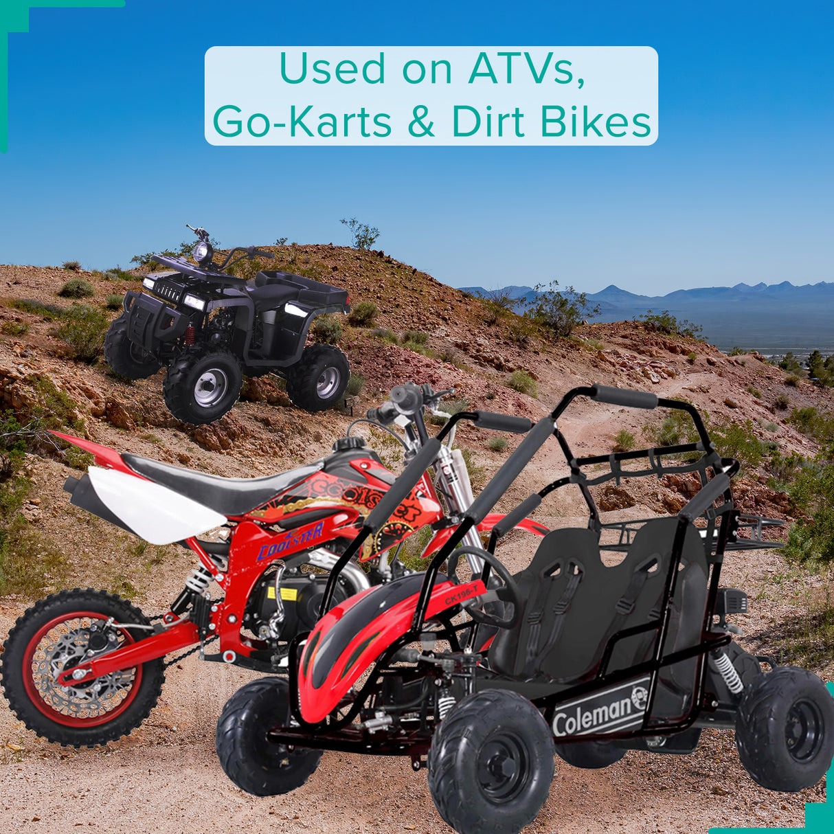 6.5 HP Mini Bike Engine & Drivetrain Kit with 420 Chain shown on a dirt hill with various ATVs. The kit includes engine, clutch, open loop chain, and sprockets.