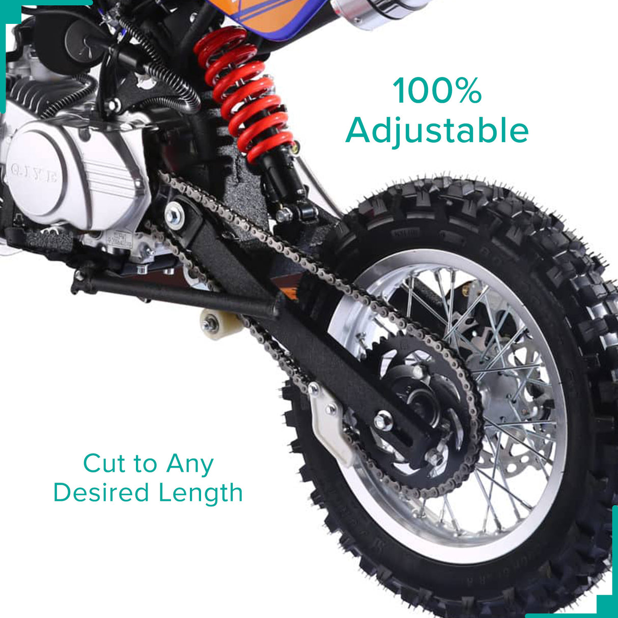 Close-up of 6.5 HP Mini Bike Engine & Drivetrain Kit with 420 Chain, showcasing the wheel, tire, and disc brake, highlighting the robust construction ideal for custom mini bike projects.