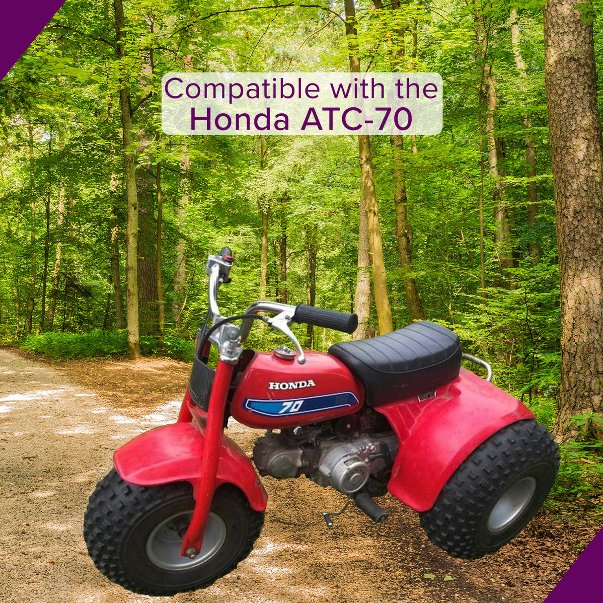 Ignition Coil for the Honda ATC-70 (1978 - 1985) displayed on a dirt road in the woods, highlighting the product's relevance for vintage 3-wheelers enthusiasts.