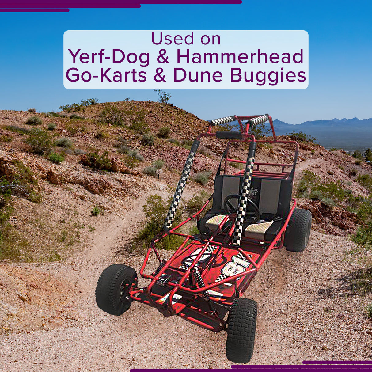 203788 Go-Kart Torque Converter Symmetric Belt (Comet Series 40 Replacement) shown on a red go-kart with visible wheels and tires on a dirt road.