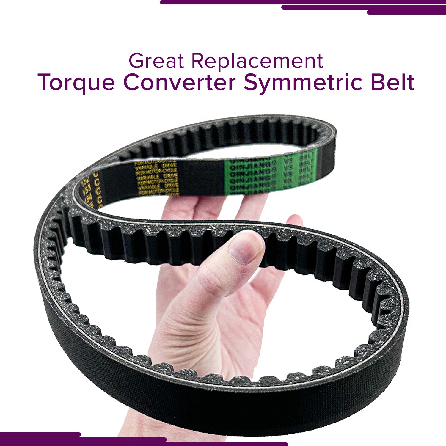 Hand holding the 203788 Go-Kart Torque Converter Symmetric Belt (Comet Series 40 Replacement), close-up view highlighting the belt's texture and quality.