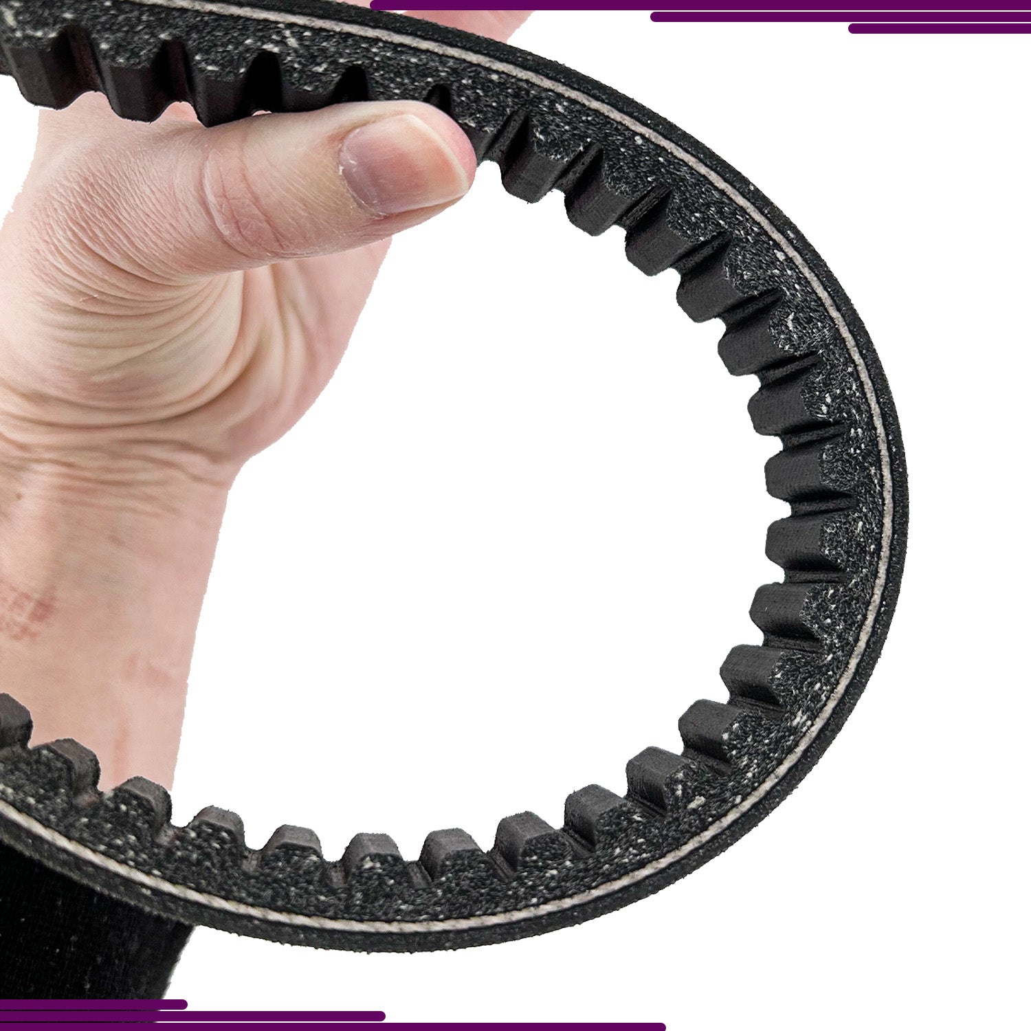 Hand holding the 203788 Go-Kart Torque Converter Symmetric Belt (Comet Series 40 Replacement), a black belt used for Yerf-Dog and Hammerhead go-karts and dune buggies, shown in close-up.