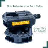 Folding Pedals for Electric Bikes (Set of 2) featuring non-slip platforms and yellow side reflectors, designed for easy folding to accommodate electric propulsion. Ideal for enhancing low-light visibility and commuter convenience.